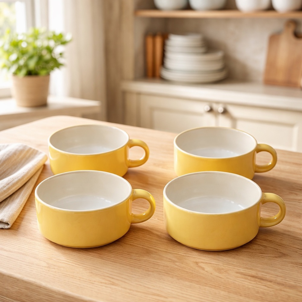 4 Vintage Glasbake Chili Soup Bowls Mug Yellow USA